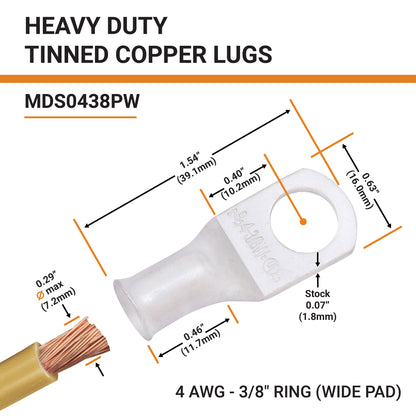 4 AWG (4 Gauge) 3/8" Stud, (Wide Pad) Tinned Copper Battery Cable Ends, Wire Lugs, Marine Grade, MD0438PW