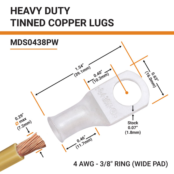 4 AWG, 3/8" Stud, (Wide Pad) Tinned Copper Battery Cable Ends, Wire Lugs, Marine Grade, MD0438PW - 2