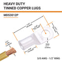 3/0 AWG, 1/2" Stud, Tinned Copper Battery Cable Ends, Wire Lugs, Marine Grade, MD3012P - 2