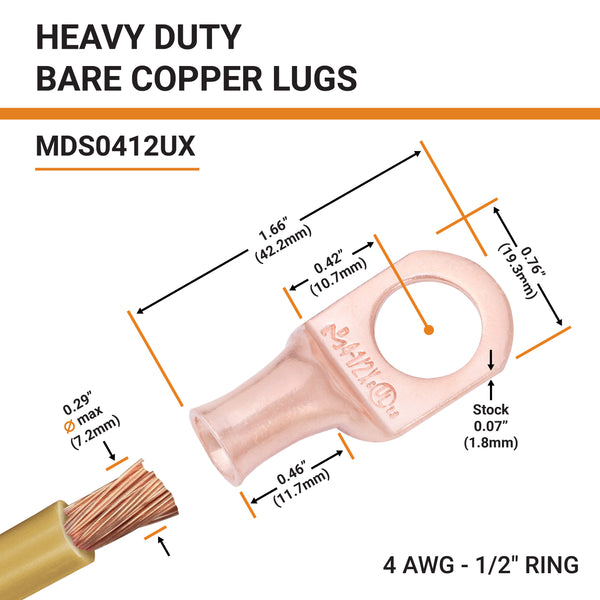 4 AWG, 1/2" Stud, Bare Copper Battery Cable Ends, Wire Lugs, Heavy Duty, MD0412UX - 2
