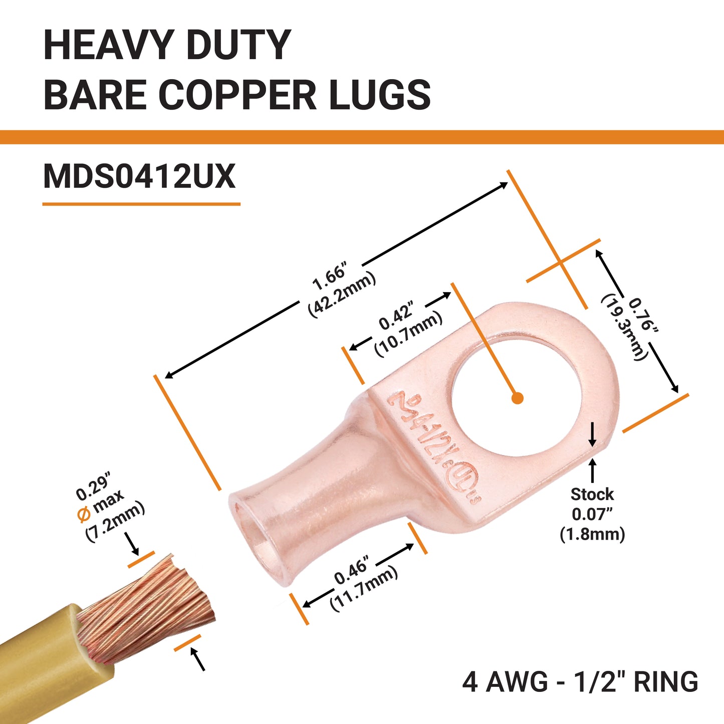 4 AWG (4 Gauge) 1/2" Stud, Bare Copper Battery Cable Ends, Wire Lugs, Heavy Duty, MD0412UX