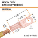 8 AWG, 1/4" Stud, Bare Copper Battery Cable Ends, Wire Lugs, Heavy Duty, MD0814U - 2