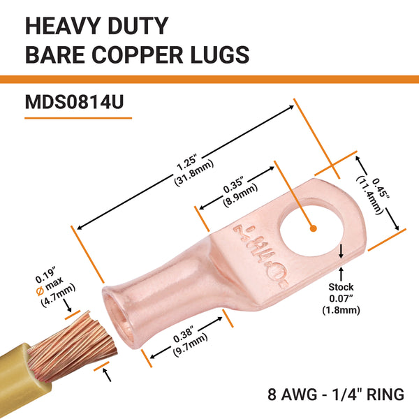8 AWG, 1/4" Stud, Bare Copper Battery Cable Ends, Wire Lugs, Heavy Duty, MD0814U - 2