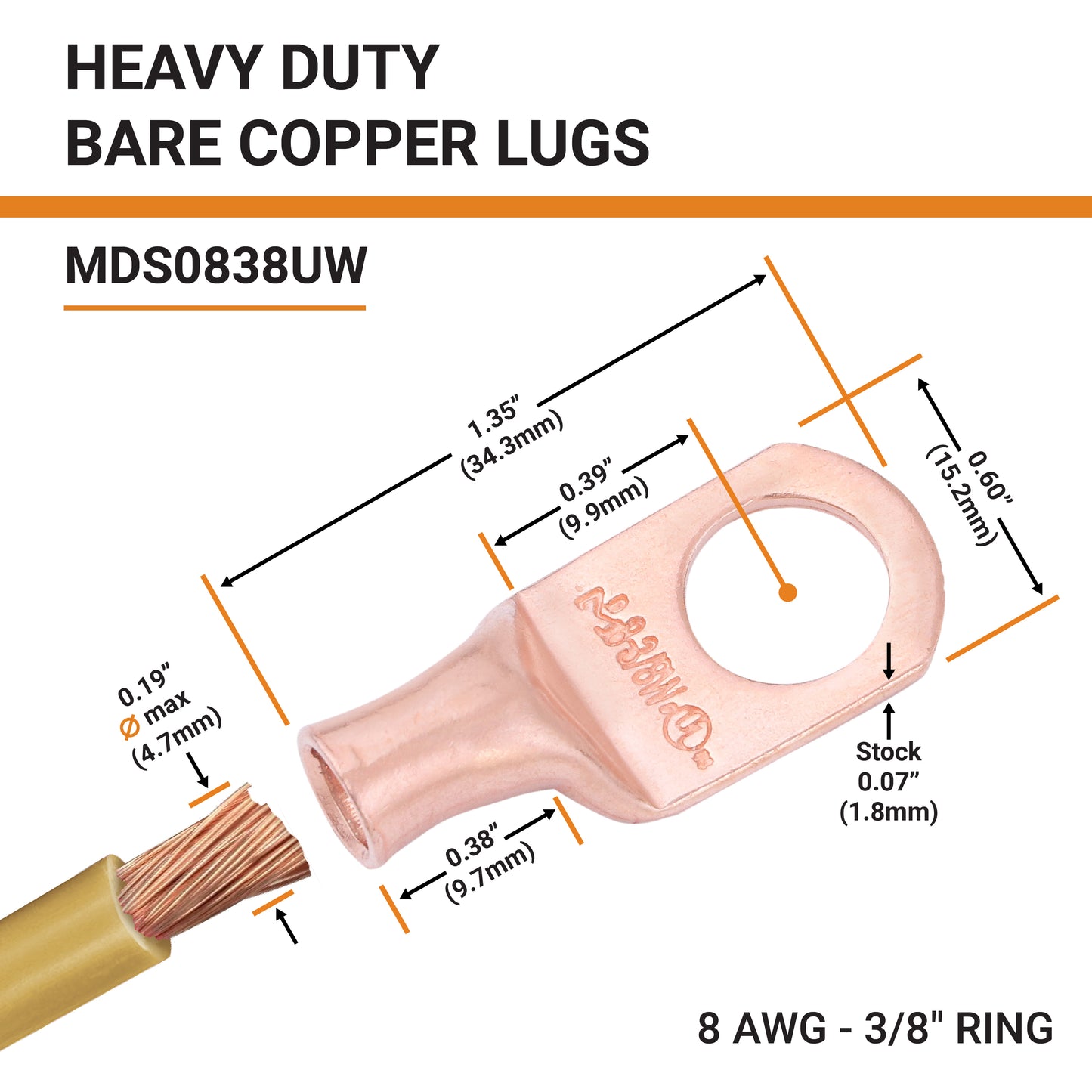 8 AWG (8 Gauge) 3/8" Stud, Bare Copper Battery Cable Ends, Wire Lugs, Heavy Duty, MD0838UW