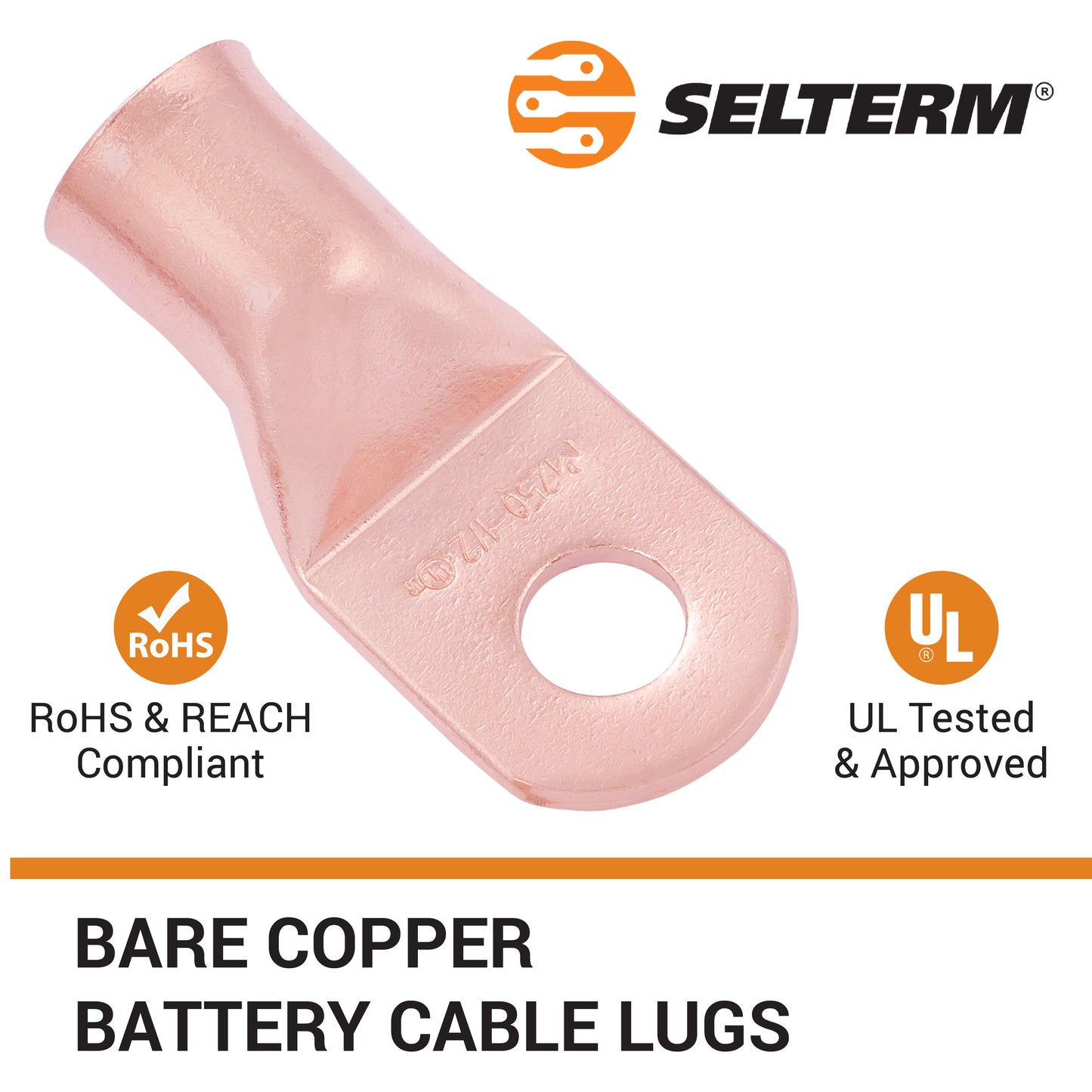 250 MCM, 1/2" Stud, Bare Copper Battery Cable Ends, Wire Lugs, Heavy Duty, MD25012U