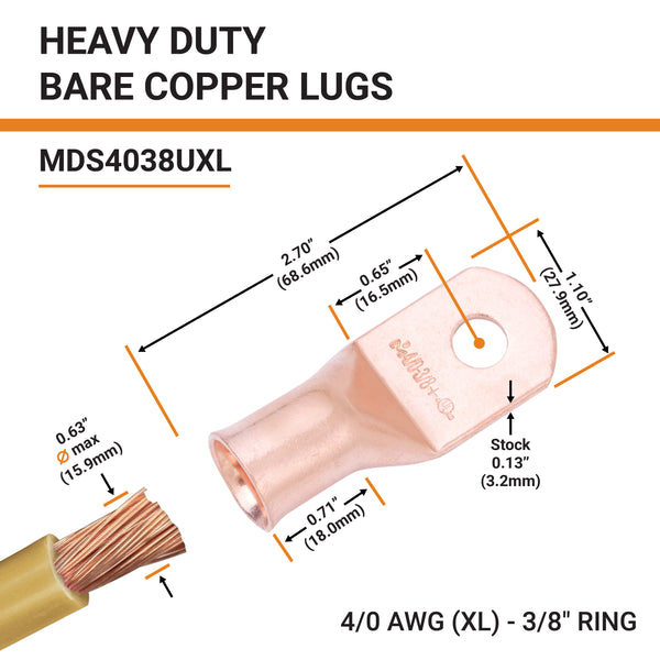 4/0 AWG (XL), 3/8" Stud, Bare Copper Battery Cable Ends, Wire Lugs, Heavy Duty, MD4038UXL - 2