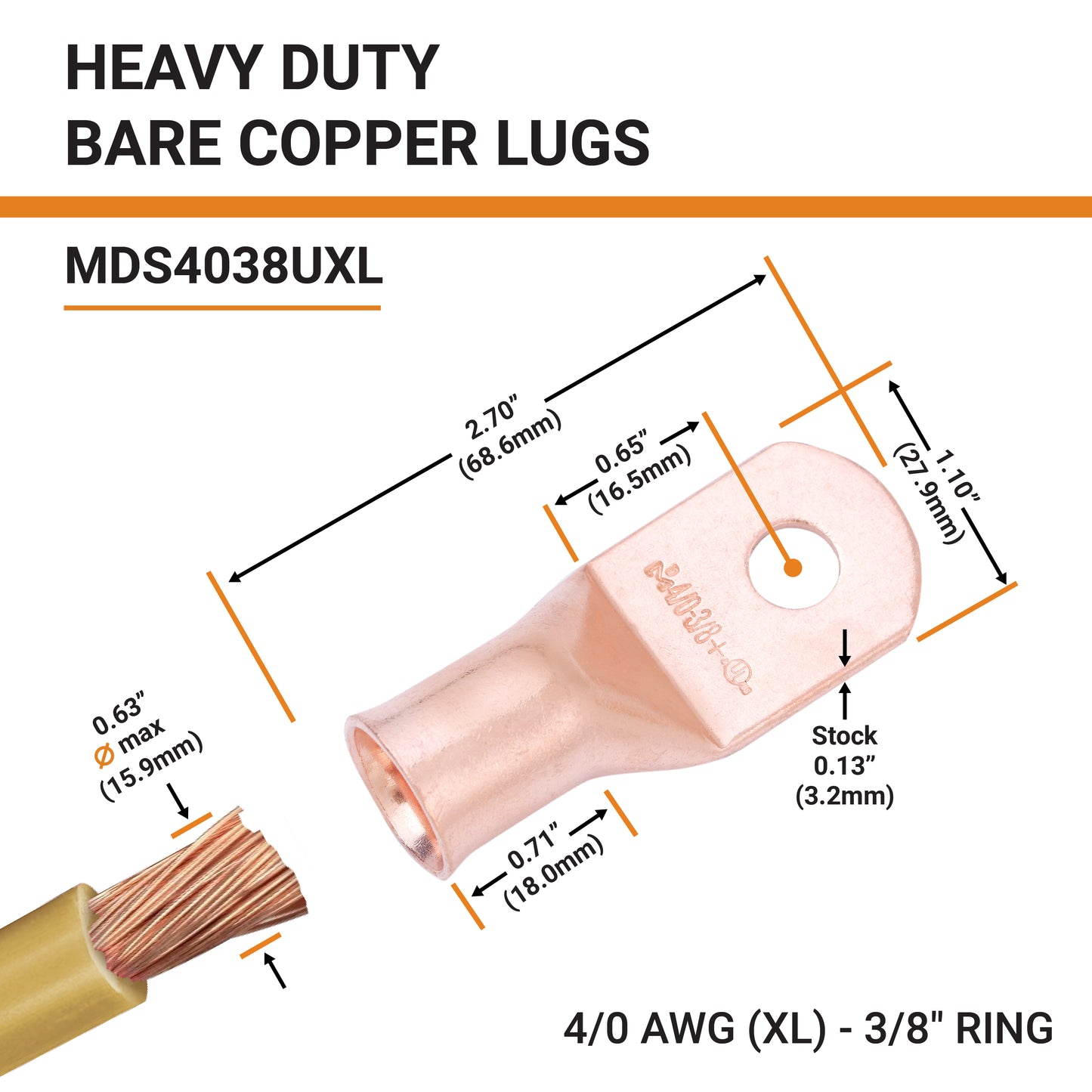 4/0 AWG (0000 Gauge) (XL), 3/8" Stud, Bare Copper Battery Cable Ends, Wire Lugs, Heavy Duty, MD4038UXL