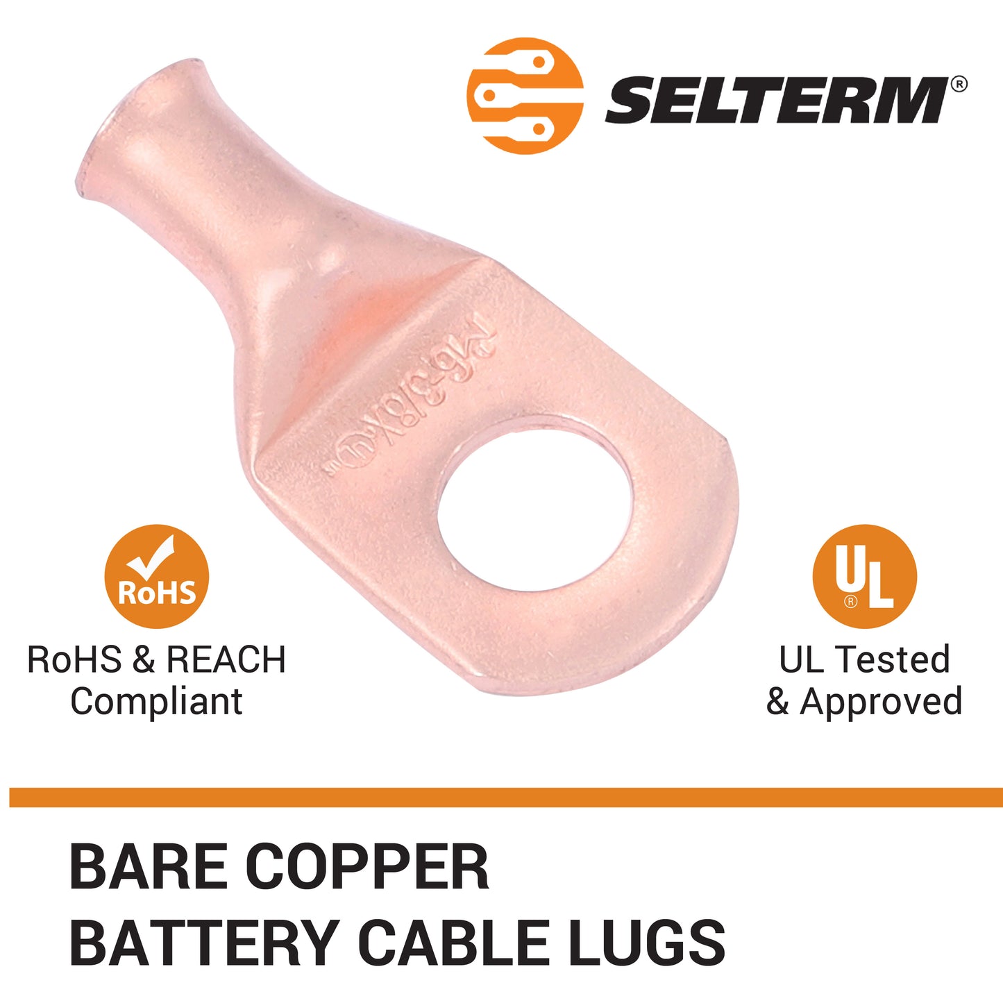 6 AWG (6 Gauge) 3/8" Stud, (Wide Pad) Bare Copper Battery Cable Ends, Wire Lugs, Heavy Duty, MD0638UX