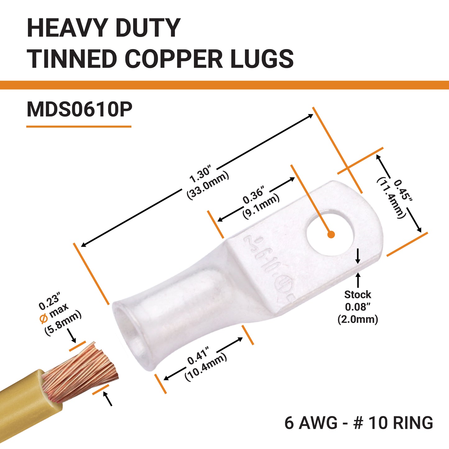 6 AWG (6 Gauge) #10 Stud, Tinned Copper Battery Cable Ends, Wire Lugs, Marine Grade, MD0610P