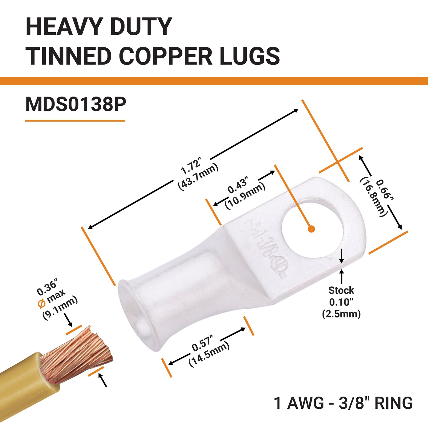 1AWG(1 Gauge) 3/8" Stud, Tinned Copper Battery Cable Ends, Wire Lugs, Marine Grade, MD0138P