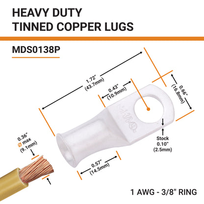 1AWG(1 Gauge) 3/8" Stud, Tinned Copper Battery Cable Ends, Wire Lugs, Marine Grade, MD0138P