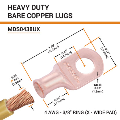 4 AWG (4 Gauge) 3/8" Stud, (X-Wide Pad) Bare Copper Battery Cable Ends, Wire Lugs, Heavy Duty, MD0438UX