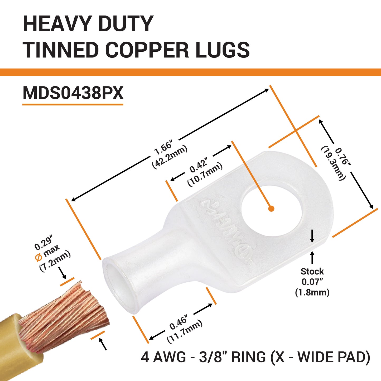 4 AWG (4 Gauge) 3/8" Stud, (X-Wide Pad) Tinned Copper Battery Cable Ends, Wire Lugs, Marine Grade, MD0438PX