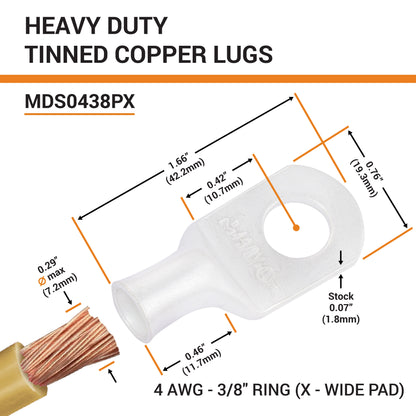 4 AWG (4 Gauge) 3/8" Stud, (X-Wide Pad) Tinned Copper Battery Cable Ends, Wire Lugs, Marine Grade, MD0438PX