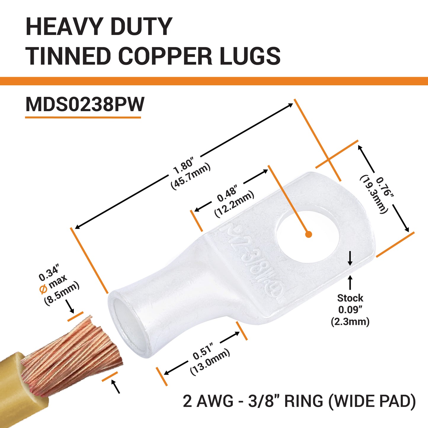 2 AWG (2 Gauge) 3/8" Stud, (Wide Pad) Tinned Copper Battery Cable Ends, Wire Lugs, Marine Grade, MD0238PW