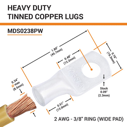 2 AWG (2 Gauge) 3/8" Stud, (Wide Pad) Tinned Copper Battery Cable Ends, Wire Lugs, Marine Grade, MD0238PW