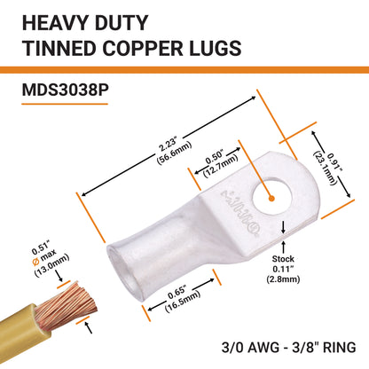3/0 AWG (000 Gauge) 3/8" Stud, Tinned Copper Battery Cable Ends, Wire Lugs, Marine Grade, MD3038P