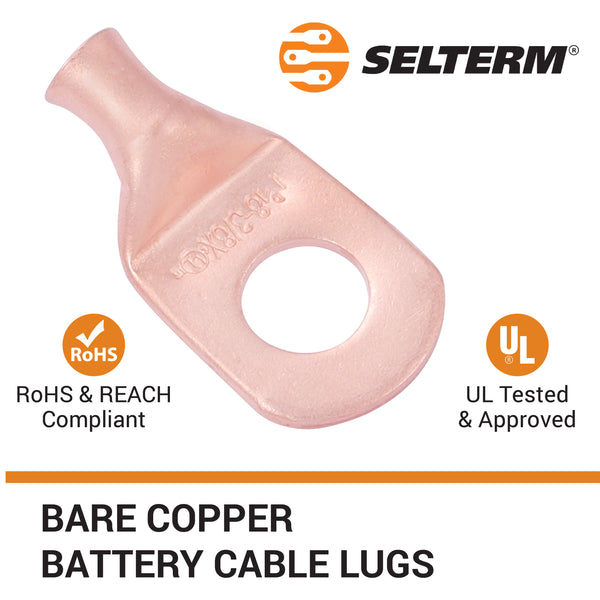 8 AWG, 3/8" Stud, (Wide Pad) Bare Copper Battery Cable Ends, Wire Lugs, Heavy Duty, MD0838UX - 3