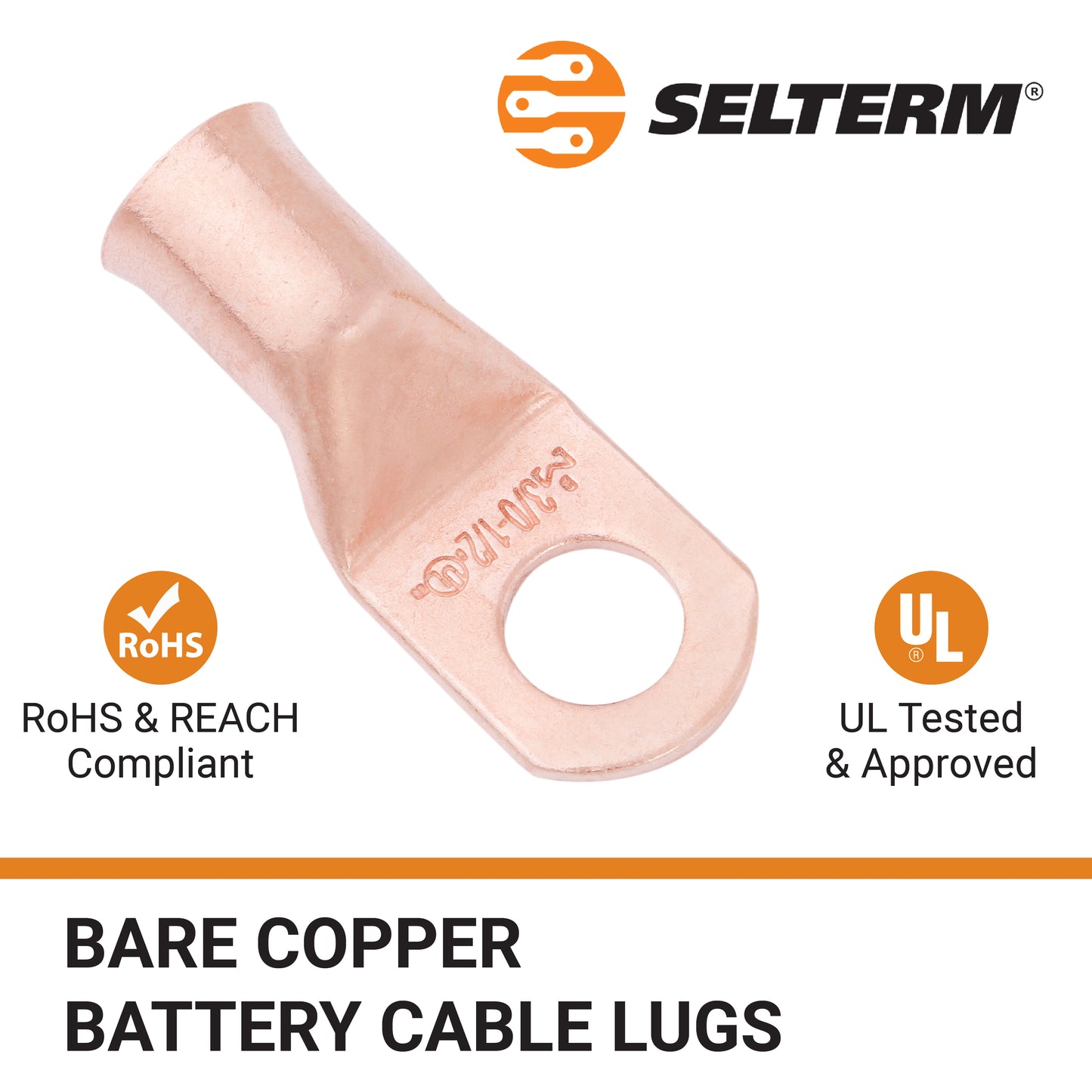 3/0 AWG (000 Gauge) 1/2" Stud, Bare Copper Battery Cable Ends, Wire Lugs, Heavy Duty, MD3012U