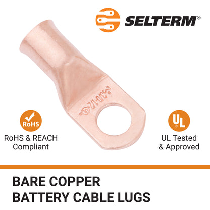 3/0 AWG (000 Gauge) 1/2" Stud, Bare Copper Battery Cable Ends, Wire Lugs, Heavy Duty, MD3012U