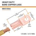 1/0 AWG, 5/16" Stud, Bare Copper Battery Cable Ends, Wire Lugs, Heavy Duty, MD1056U - 2