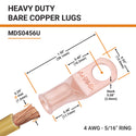 4 AWG, 5/16" Stud, Bare Copper Battery Cable Ends, Wire Lugs, Heavy Duty, MD0456U - 2