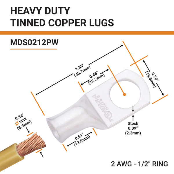 2 AWG, 1/2" Stud, Tinned Copper Battery Cable Ends, Wire Lugs, Marine Grade, MD0212PW - 2