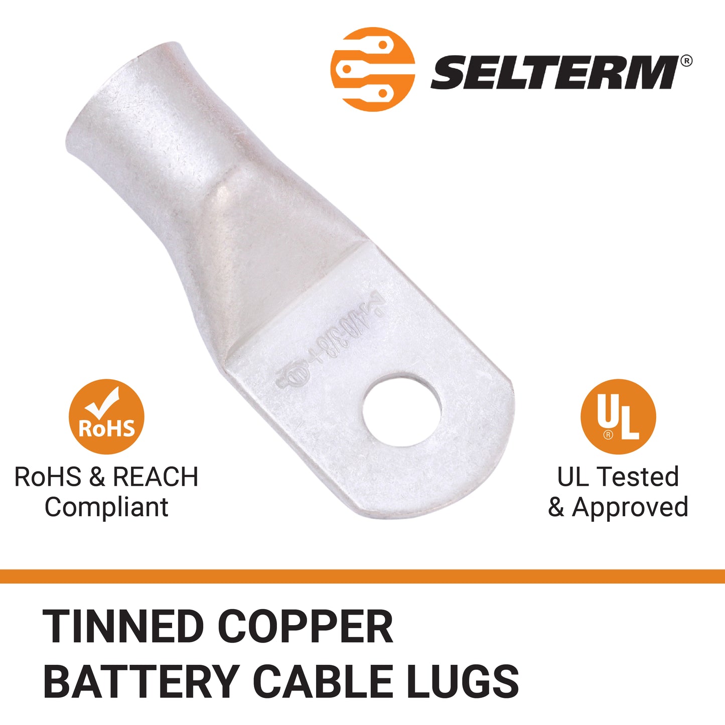 4/0 AWG (0000 Gauge) (XL), 3/8" Stud, Tinned Copper Battery Cable Ends, Wire Lugs, Marine Grade, MD4038PXL