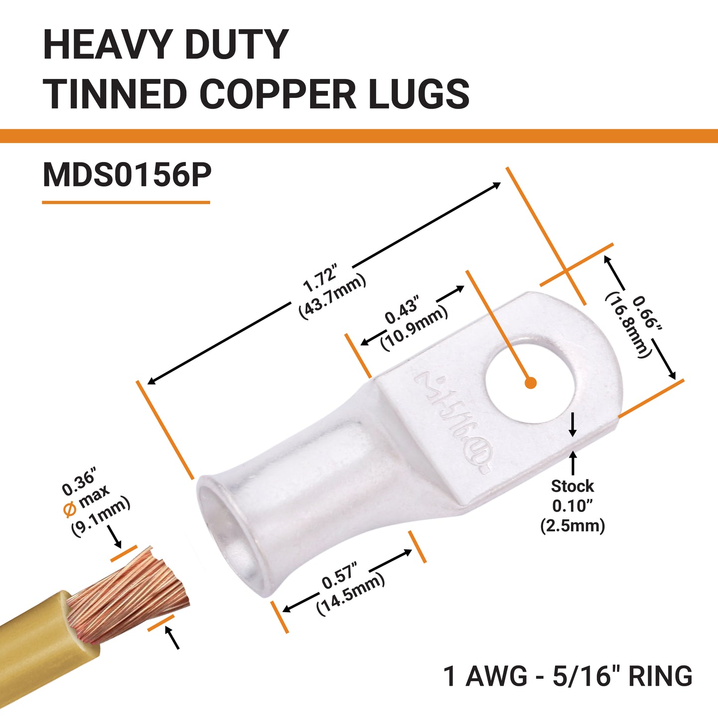 1AWG (1 Gauge) 5/16" Stud, Tinned Copper Battery Cable Ends, Wire Lugs, Marine Grade, MD0156P
