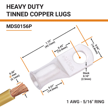 1AWG (1 Gauge) 5/16" Stud, Tinned Copper Battery Cable Ends, Wire Lugs, Marine Grade, MD0156P