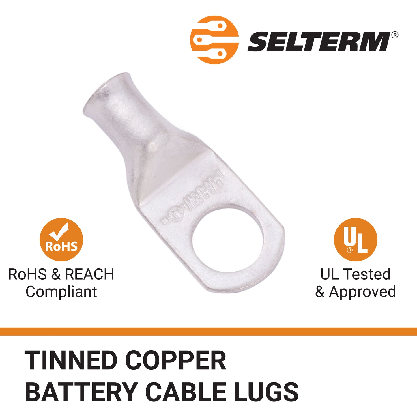 6 AWG (6 Gauge) 3/8" Stud, Tinned Copper Battery Cable Ends, Wire Lugs, Marine Grade, MD0638PW