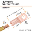 1/0 AWG, 3/8" Stud, Bare Copper Battery Cable Ends, Wire Lugs, Heavy Duty, MD1038U - 2