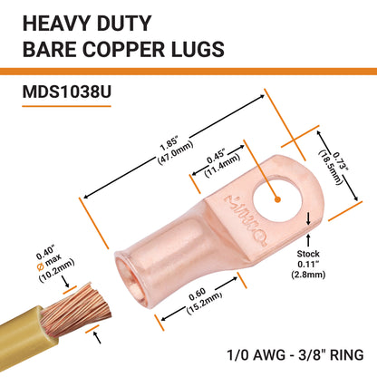 1/0 AWG (0 Gauge) 3/8" Stud, Bare Copper Battery Cable Ends, Wire Lugs, Heavy Duty, MD1038U