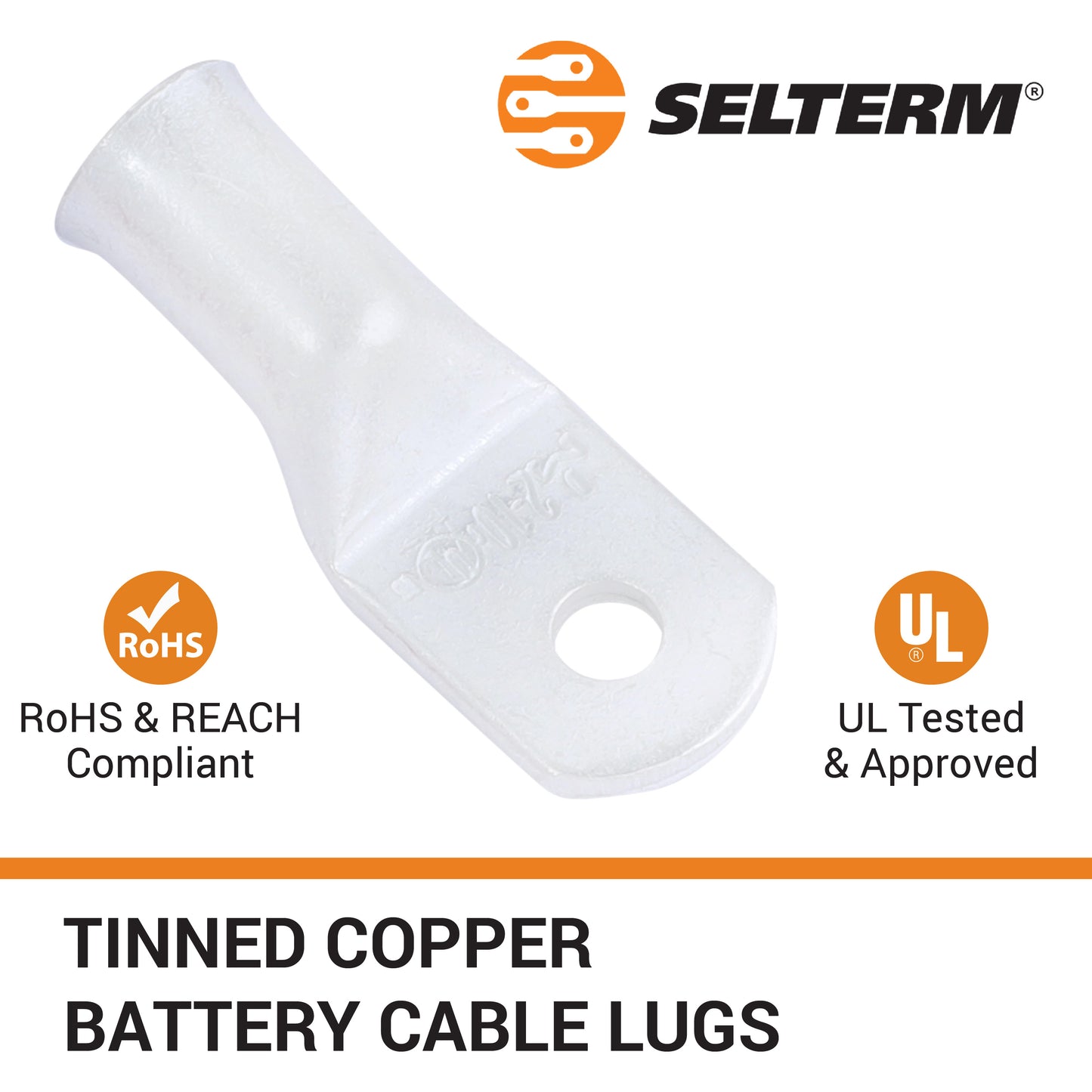 2 AWG (2 Gauge) #10 Stud, Tinned Copper Battery Cable Ends, Wire Lugs, Marine Grade, MD0210P