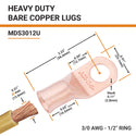 3/0 AWG, 1/2" Stud, Bare Copper Battery Cable Ends, Wire Lugs, Heavy Duty, MD3012U - 2