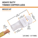2/0 AWG, 1/4" Stud, Tinned Copper Battery Cable Ends, Wire Lugs, Marine Grade, MD2014P - 2