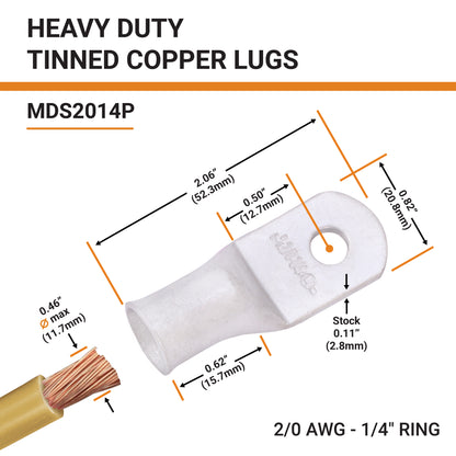 2/0 AWG (00 Gauge) 1/4" Stud, Tinned Copper Battery Cable Ends, Wire Lugs, Marine Grade, MD2014P