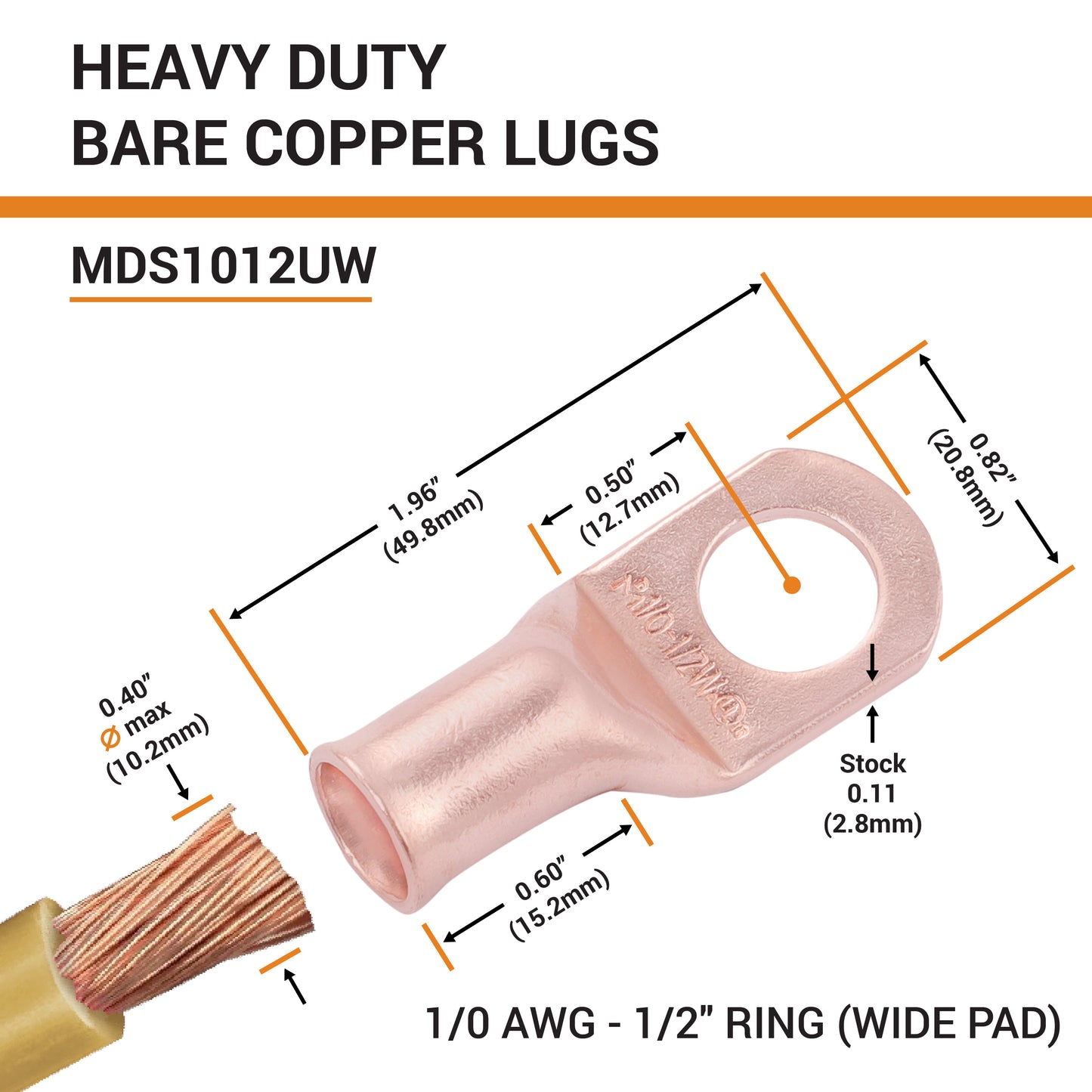 1/0 AWG (0 Gauge) 1/2" Stud, (Wide Pad) Bare Copper Battery Cable Ends, Wire Lugs, Heavy Duty, MD1012UW