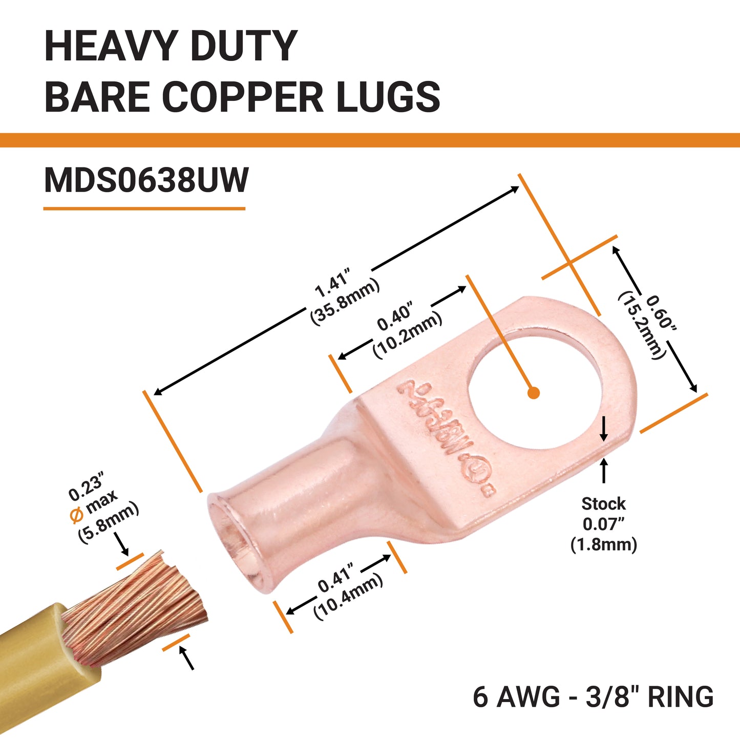 6 AWG (6 Gauge) 3/8" Stud, Bare Copper Battery Cable Ends, Wire Lugs, Heavy Duty, MD0638UW