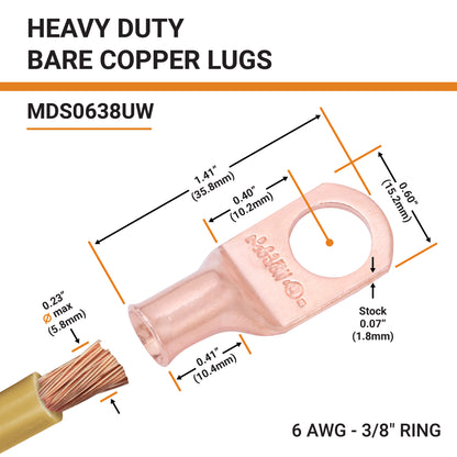 6 AWG (6 Gauge) 3/8" Stud, Bare Copper Battery Cable Ends, Wire Lugs, Heavy Duty, MD0638UW