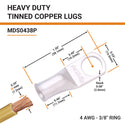 4 AWG, 3/8" Stud, Tinned Copper Battery Cable Ends, Wire Lugs, Marine Grade, MD0438P - 2