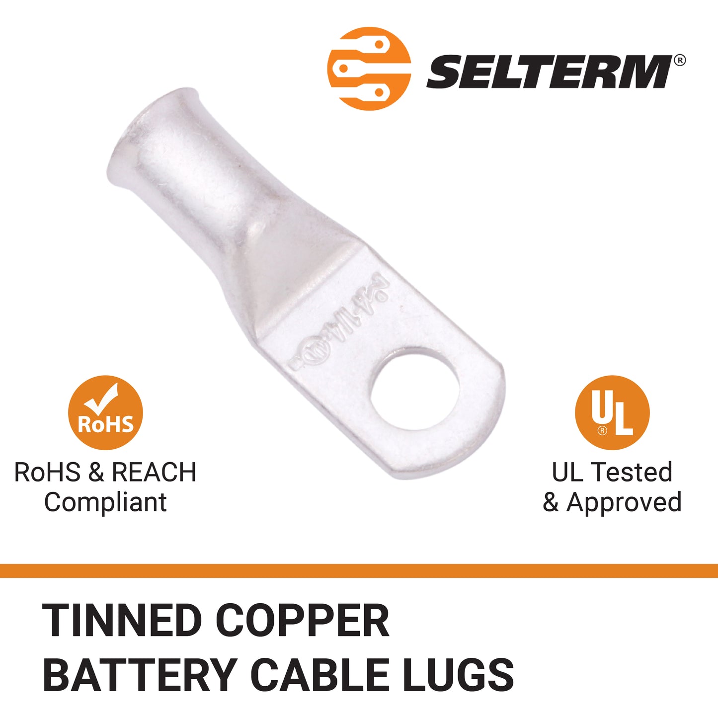 4 AWG (4 Gauge) 1/4" Stud, Tinned Copper Battery Cable Ends, Wire Lugs, Marine Grade, MD0414P