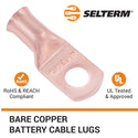 1AWG, 3/8" Stud, (Wide Pad) Bare Copper Battery Cable Ends, Wire Lugs, Heavy Duty, MD0138UW - 3