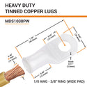 1/0 AWG, 3/8" Stud, (Wide Pad) Tinned Copper Battery Cable Ends, Wire Lugs, Marine Grade, MD1038PW - 2