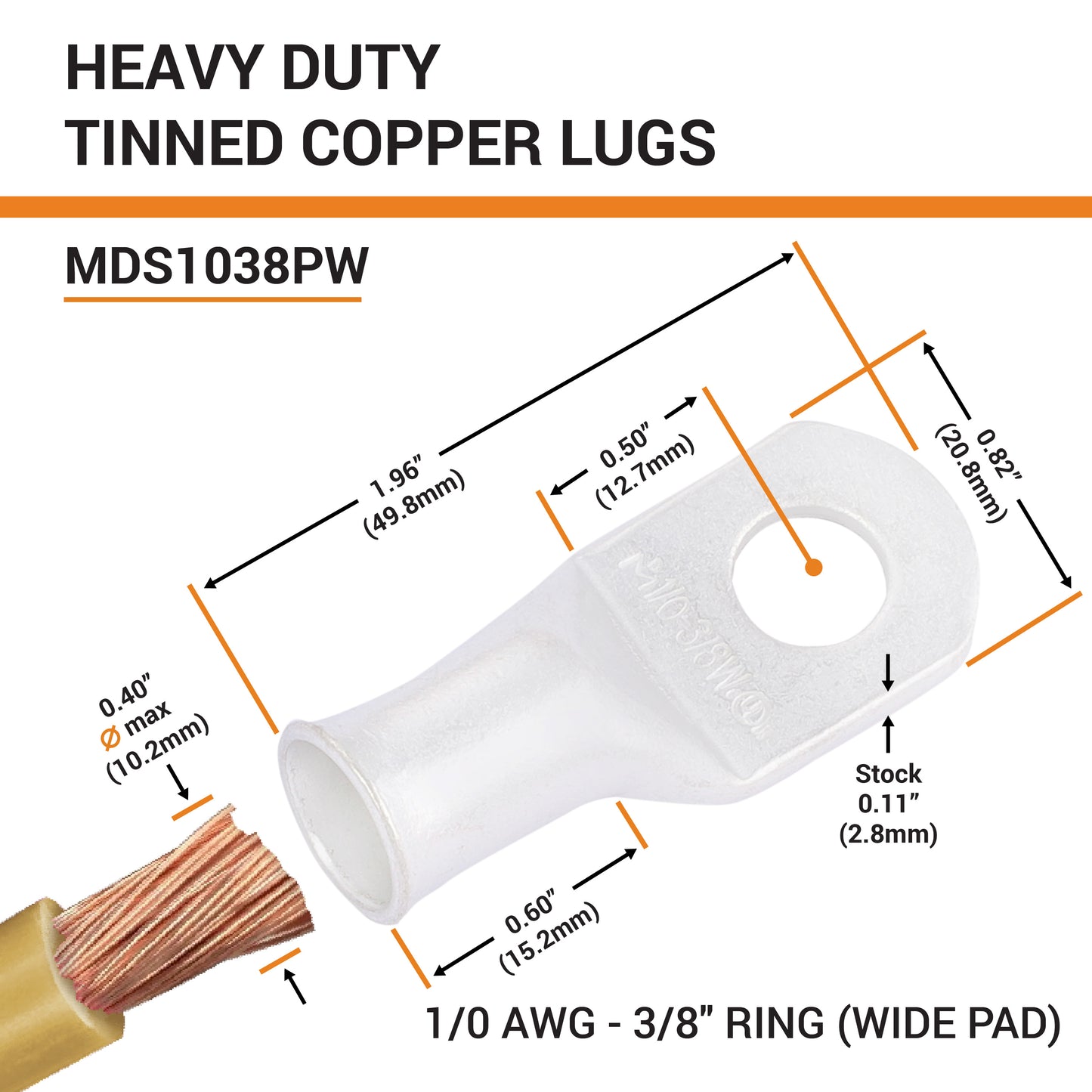 1/0 AWG (0 Gauge) 3/8" Stud, (Wide Pad) Tinned Copper Battery Cable Ends, Wire Lugs, Marine Grade, MD1038PW