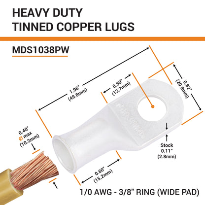 1/0 AWG (0 Gauge) 3/8" Stud, (Wide Pad) Tinned Copper Battery Cable Ends, Wire Lugs, Marine Grade, MD1038PW
