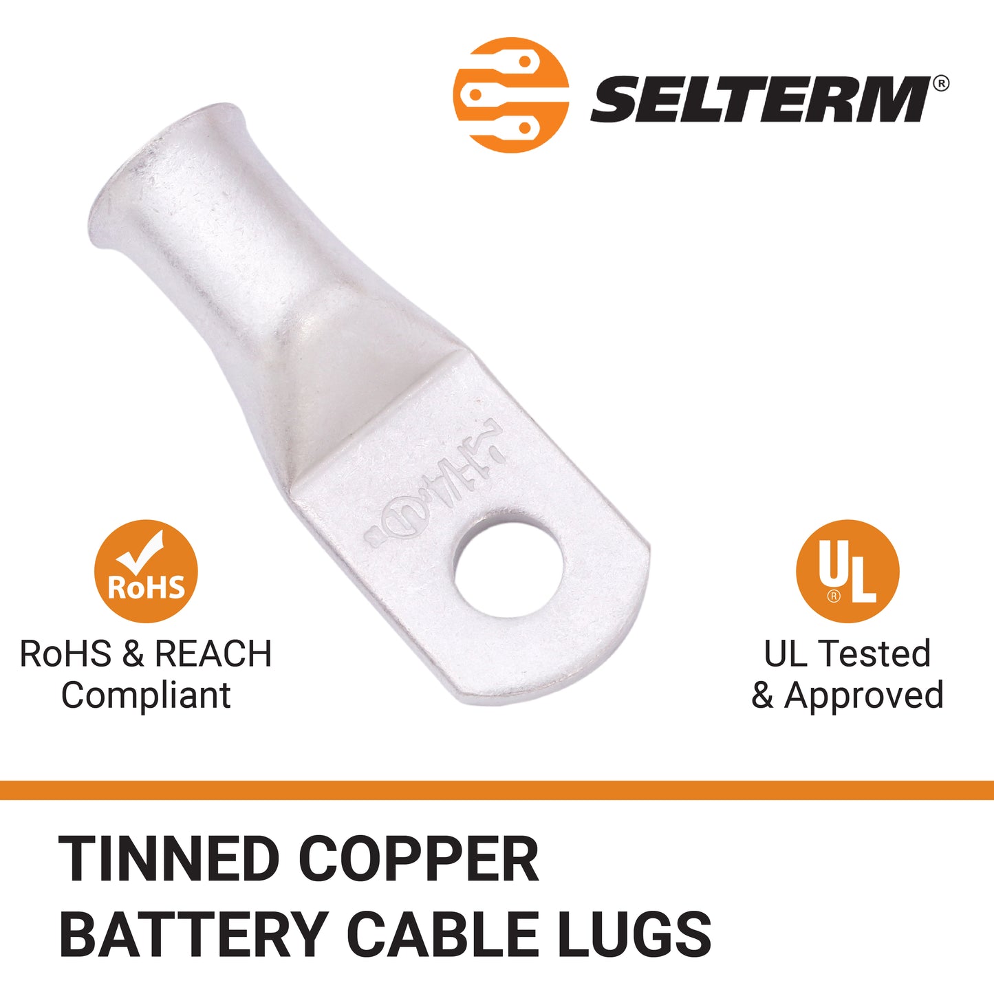 1AWG (1 Gauge) 1/4" Stud, Tinned Copper Battery Cable Ends, Wire Lugs, Marine Grade, MD0114P
