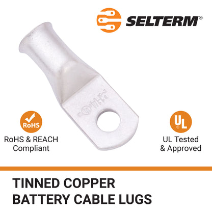 1AWG (1 Gauge) 1/4" Stud, Tinned Copper Battery Cable Ends, Wire Lugs, Marine Grade, MD0114P