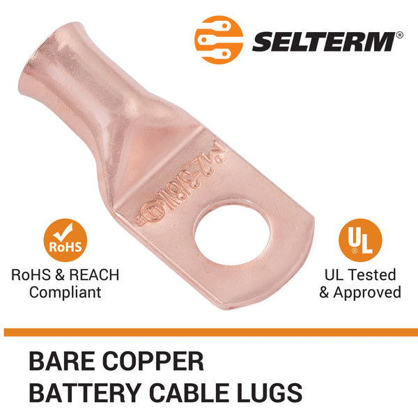 2 AWG, 3/8" Stud, (Wide Pad) Bare Copper Battery Cable Ends, Wire Lugs, Heavy Duty, MD0238UW - 3
