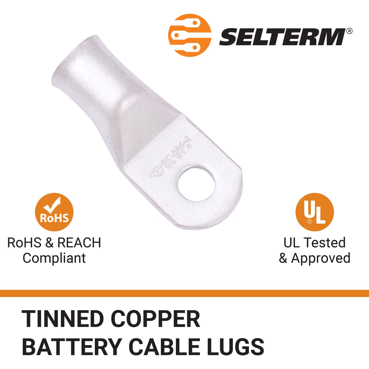 4/0 AWG (0000 Gauge) 3/8" Stud, Tinned Copper Battery Cable Ends, Wire Lugs, Marine Grade, MD4038P